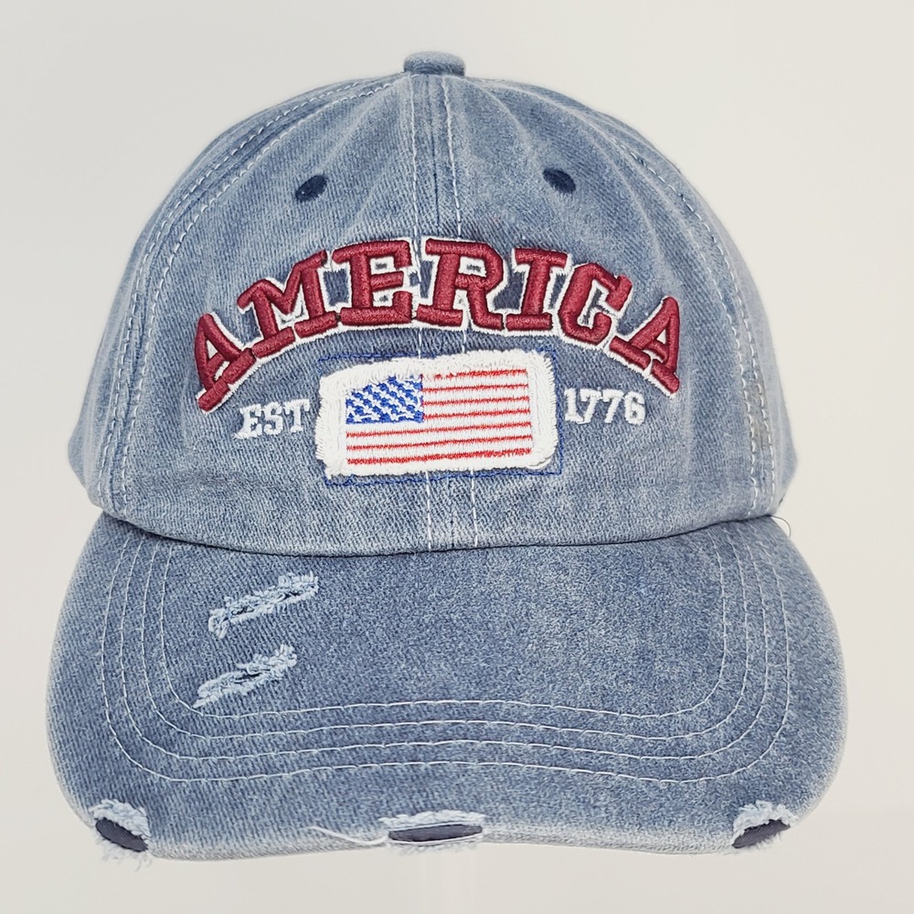 YH America Est 1776 Hat Women OS Blue Denim Distressed USA Flag Cap Good